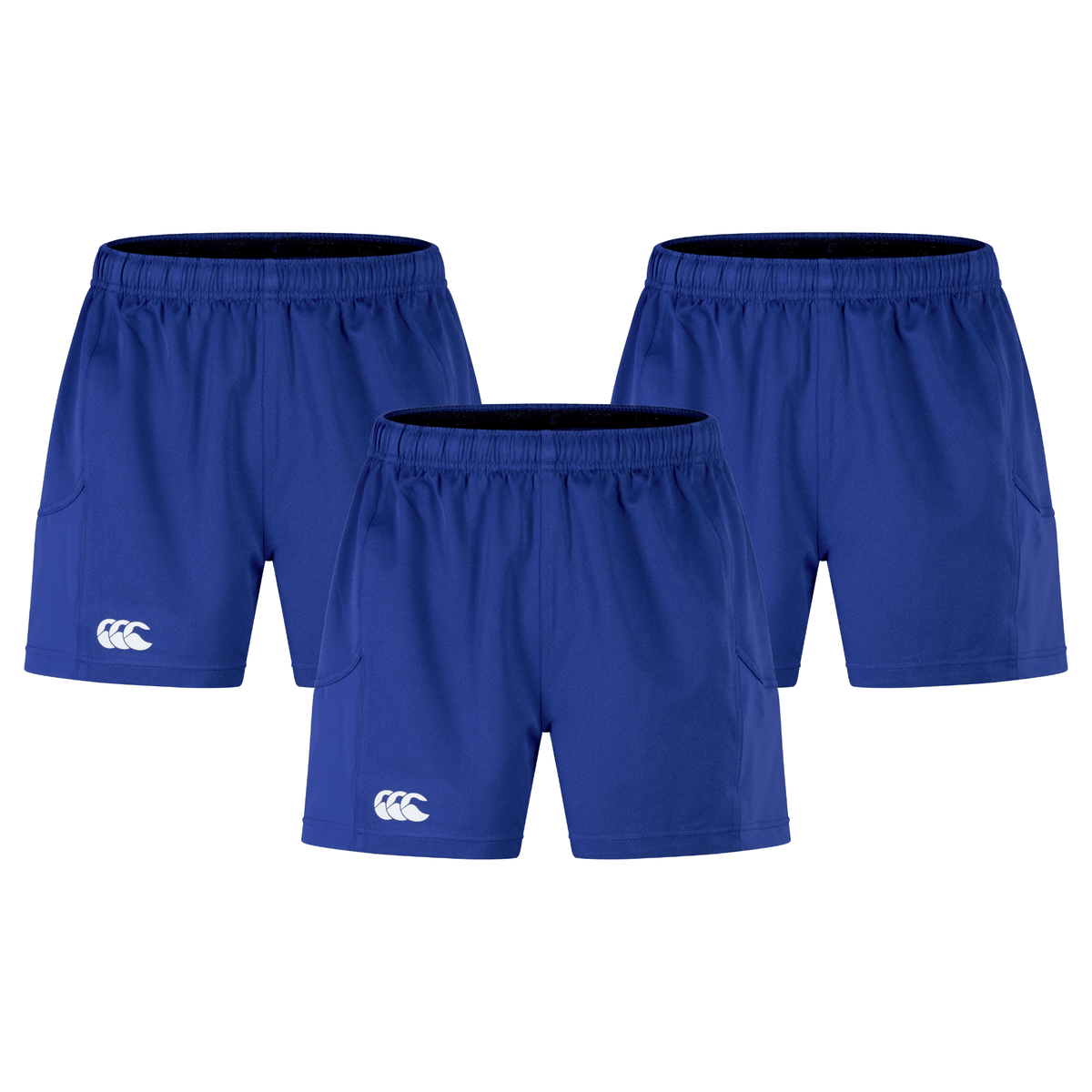 Discover the Canterbury Advantage 2.0 Short 3-Pack Bundle in blue, featuring elastic waistbands and white logos. Made with recycled content, these performance shorts offer comfort and sustainability for every workout.