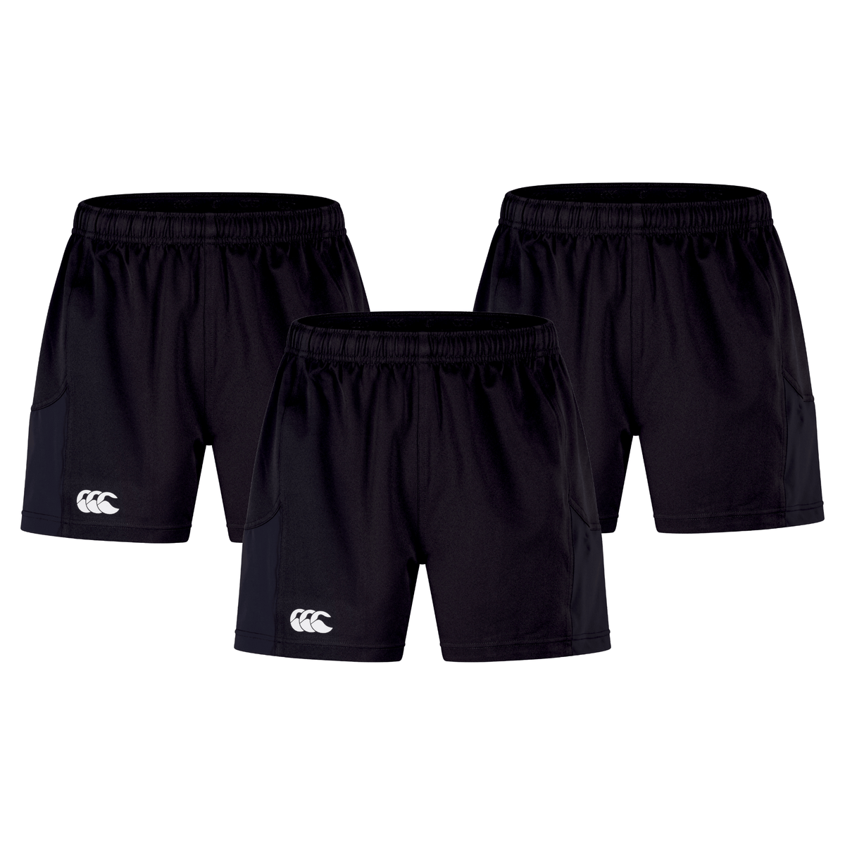 A 3-pack of Canterbury Advantage 2.0 shorts, in black with white logo on the left leg, featuring elastic waistbands and crafted from recycled materials for an eco-friendly touch.