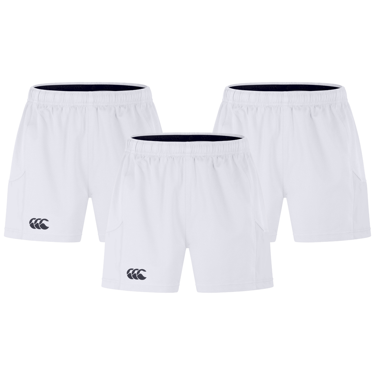 Three pairs from the Bundle Canterbury 3-Pack Canterbury Advantage 2.0 Shorts with a black logo on the left leg, arranged in a triangular formation, crafted using recycled content for eco-friendly style.