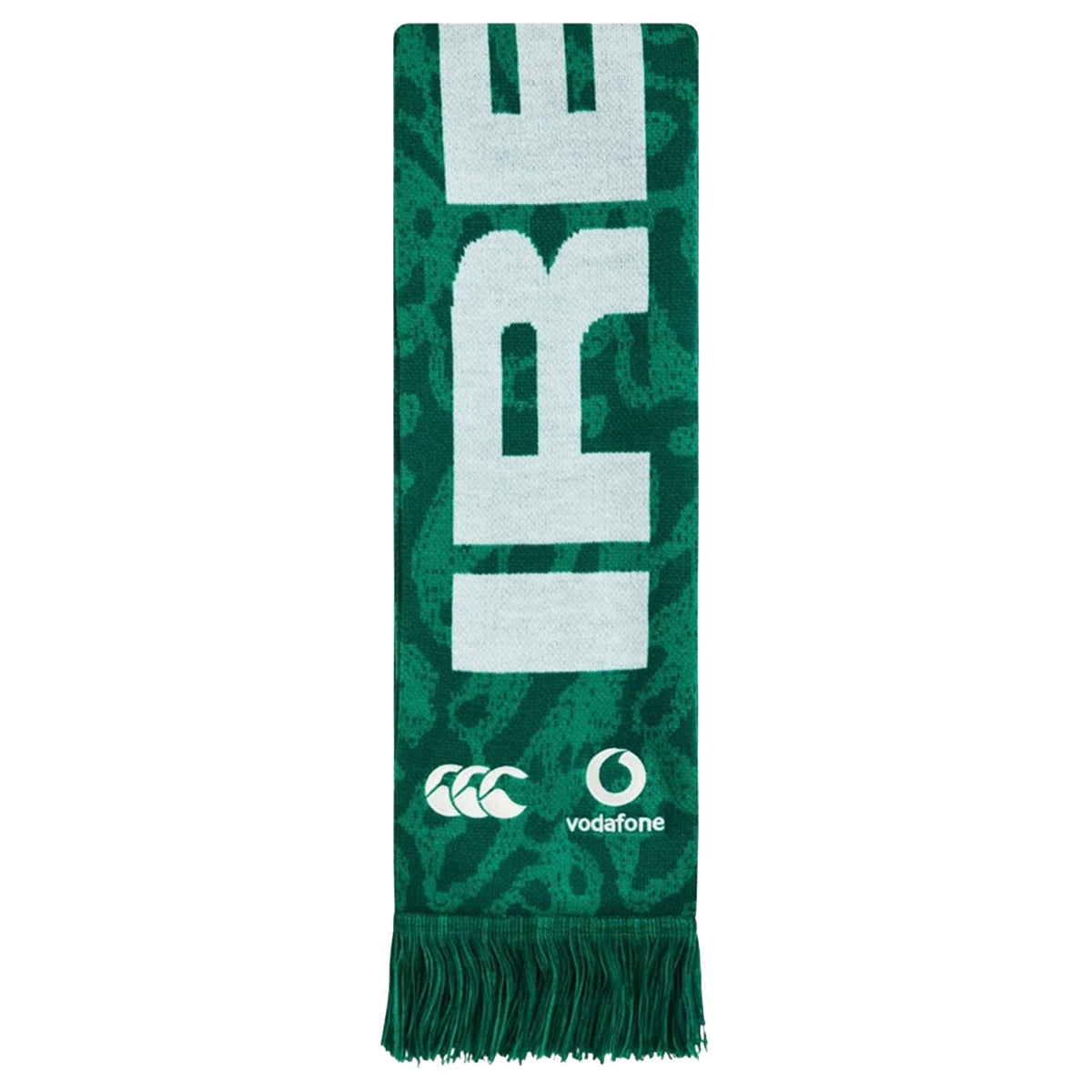 Show your support with the Ireland 25/26 Scarf by Canterbury. Featuring bold green and white colors, large partial “IRE” text, two logos at the bottom, and green fringe tassels on each end, this official Canterbury scarf is the perfect accessory for any fan.