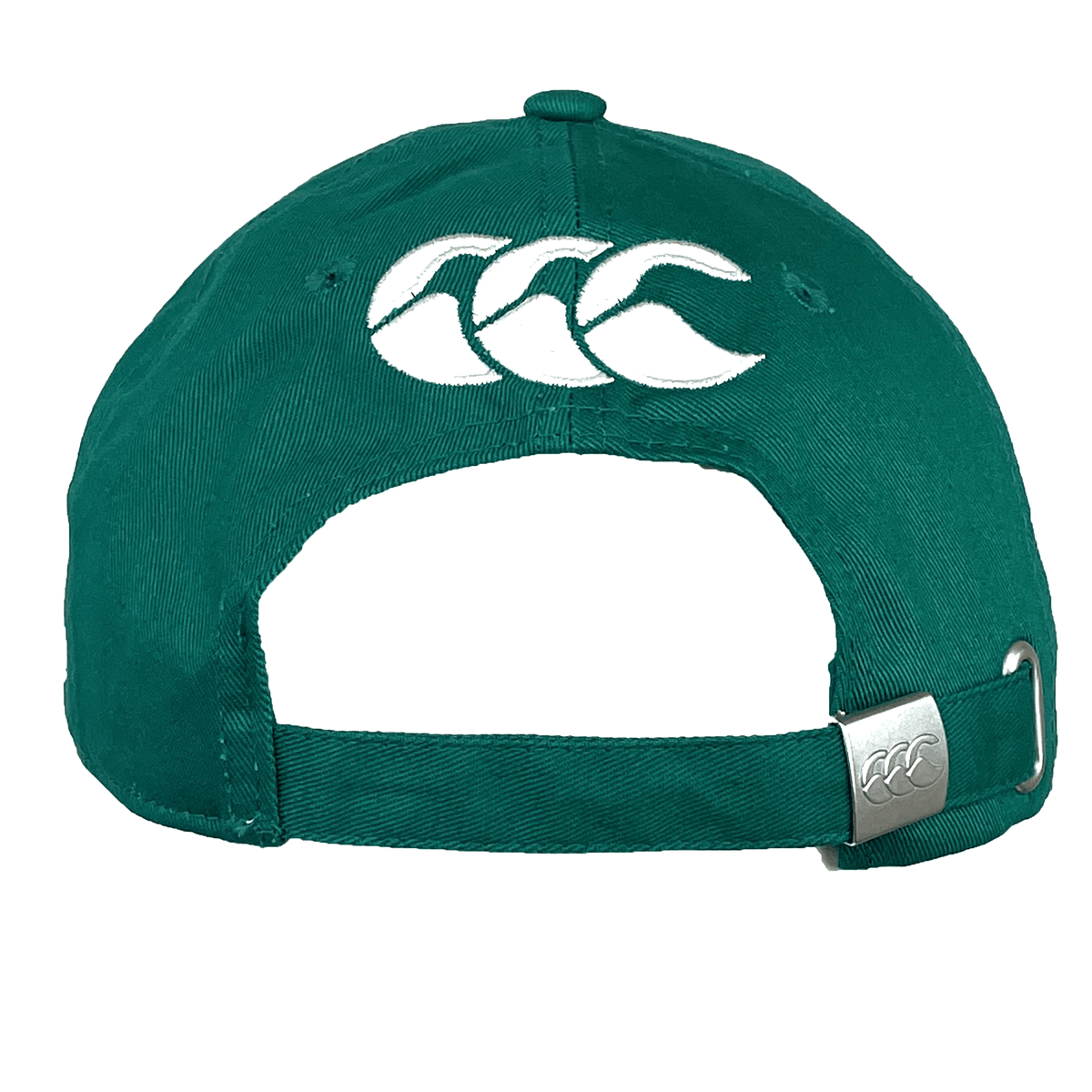 The Ireland 25/26 Drill Cap by Canterbury is a green cap shown from the back, featuring a white embroidered logo and an adjustable strap with a metal clasp.