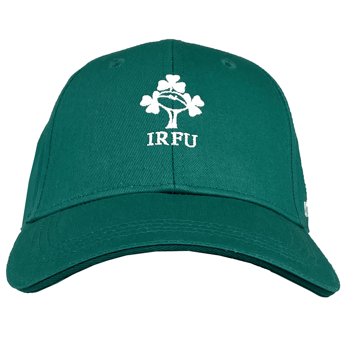 The Ireland 25/26 Drill Cap by Canterbury features a white shamrock and "IRFU" logo embroidered on the front—ideal for fans looking for an authentic Canterbury rugby cap.