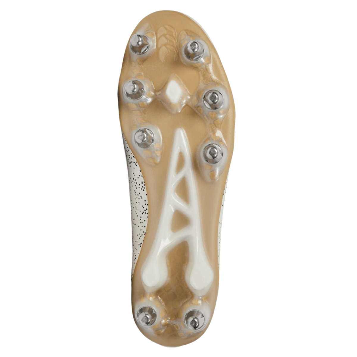 Bottom view of the Canterbury Stampede Groundbreak Elite SG - White by Canterbury, showing its tan sole with eight metal studs for traction—perfect power forwards rugby boots.