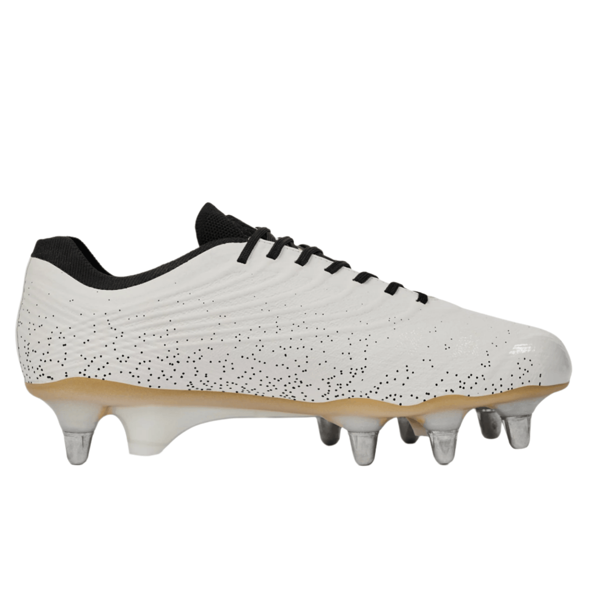 The Canterbury Stampede Groundbreak Elite SG - White rugby boot by Canterbury features black laces, a black interior, six metal studs on a light brown sole—ideal soft ground boots for power forwards.
