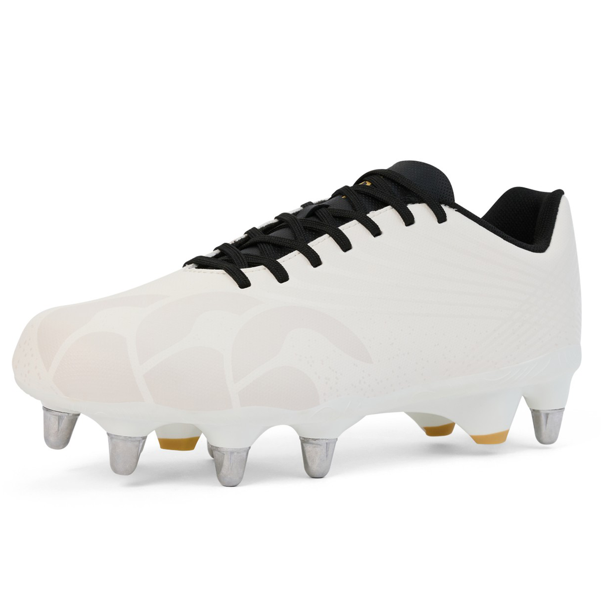The Canterbury Stampede Groundbreak Team SG - White by Canterbury is a pair of soft ground rugby boots featuring black laces and six metal studs, designed for outdoor sports.