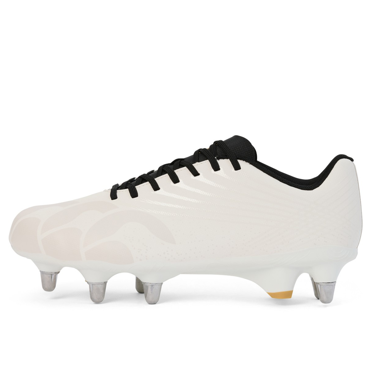 The Canterbury Stampede Groundbreak Team SG rugby boot in white, designed for forwards, features black laces and four metallic studs. Shown from the side against a plain background, it's a quality product from Canterbury.