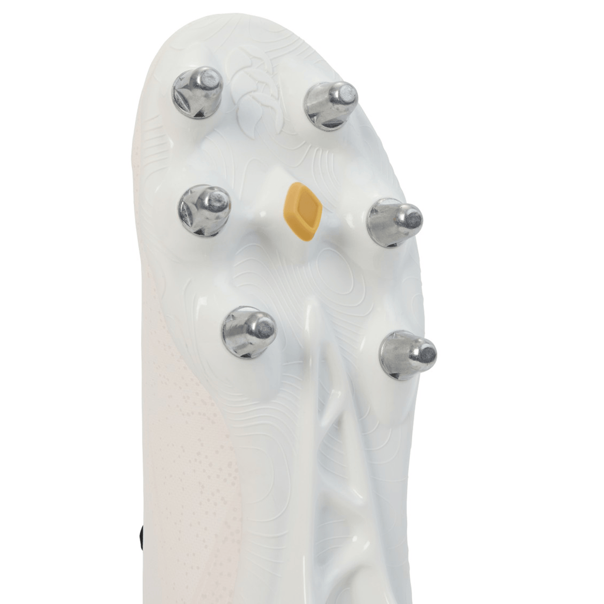 Close-up of the sole of the Canterbury Stampede Groundbreak Team SG rugby boot in white, showing six metallic studs and a yellow detail—designed by Canterbury for optimum grip, perfect for forwards.
