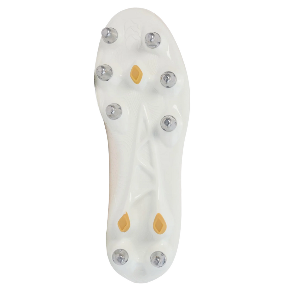 The image shows the white sole of the Canterbury Stampede Groundbreak Team SG rugby boots by Canterbury, featuring eight metal studs and yellow accents—perfect for grip on soft ground like traditional rugby boots.