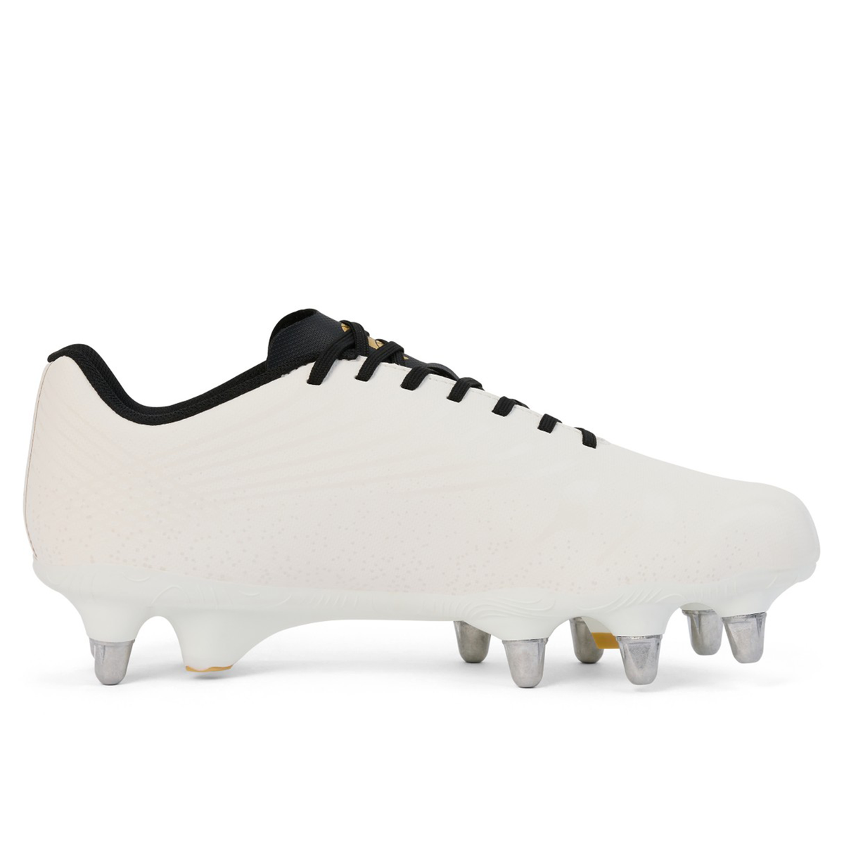 The Canterbury Stampede Groundbreak Team SG - White rugby boot by Canterbury is shown in side profile with black laces and metallic studs on a plain white background, ideal for players needing quality soft ground boots.