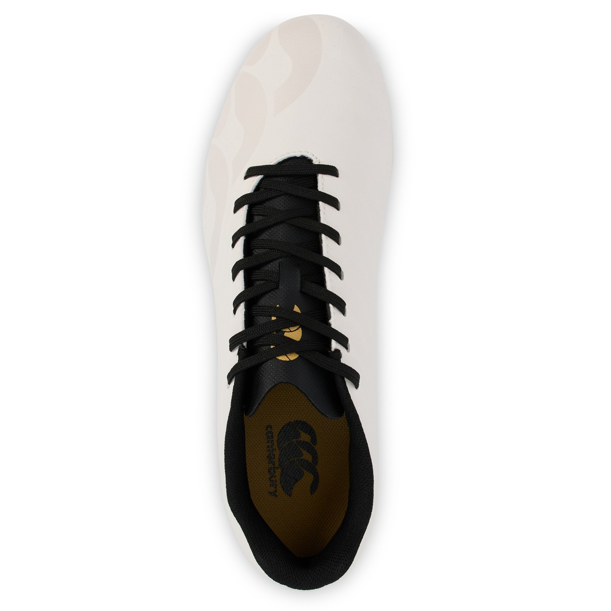 Top view of the Canterbury Stampede Groundbreak Team SG - White rugby boot with black laces, black interior, and Canterbury logo on the insole—perfect for forwards’ rugby boot needs.