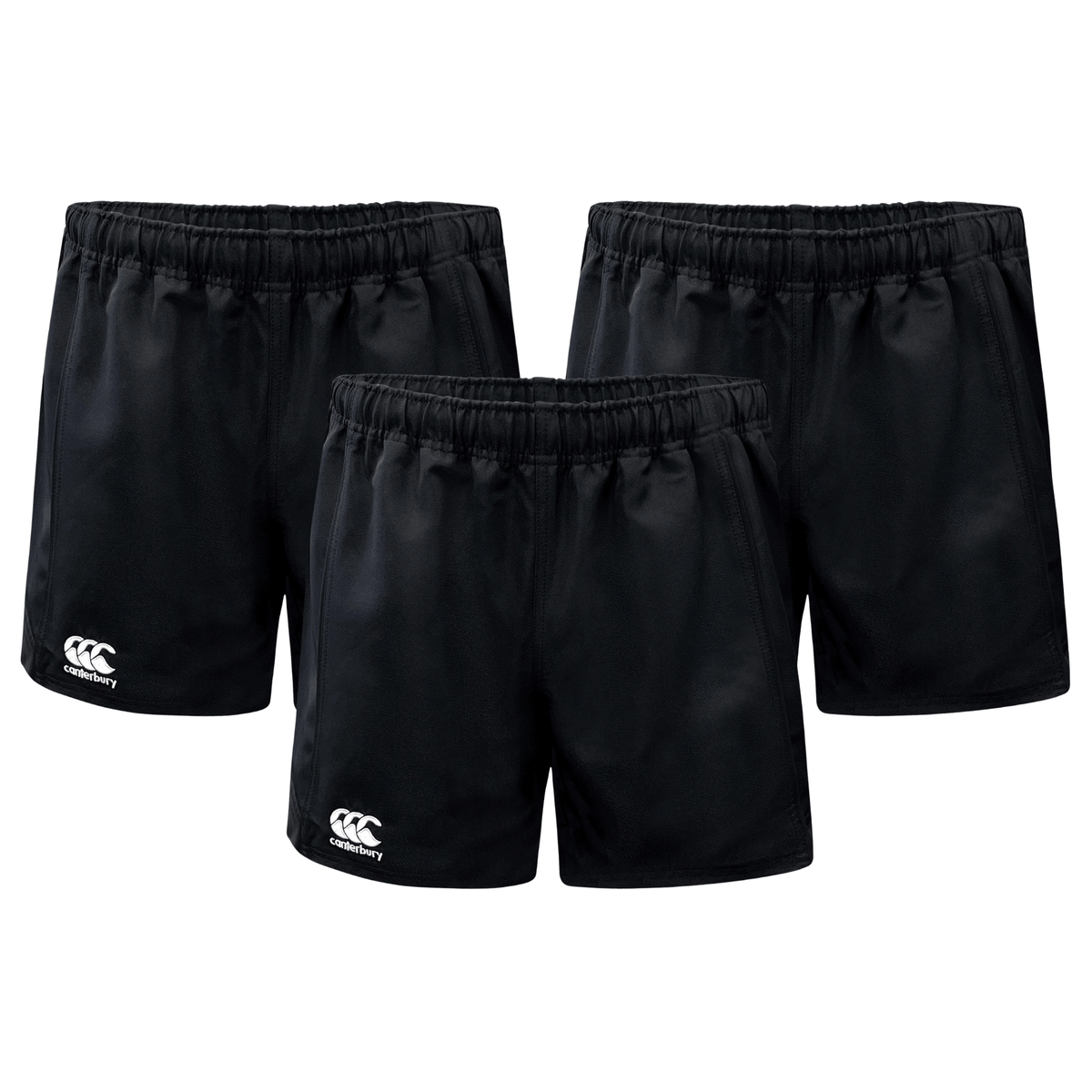 The Canterbury Advantage Short 3-Pack Bundle from Bundle Canterbury includes three pairs of rugby shorts with an elastic waistband and logo on the left leg, combining comfort and style for athletes.