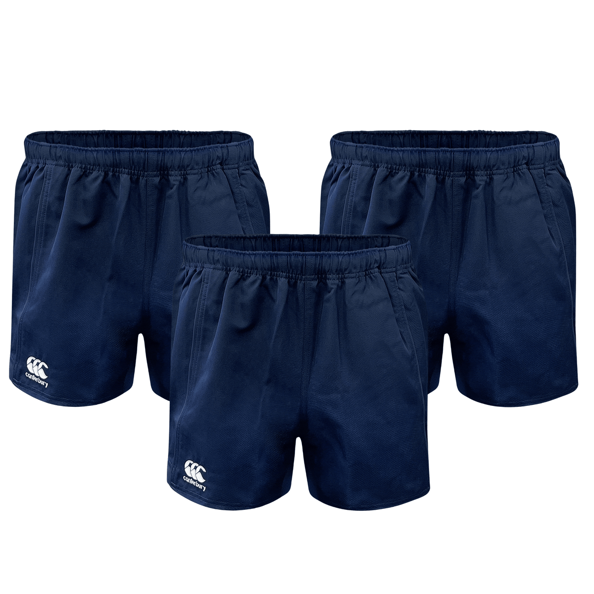 Three pairs of Canterbury Advantage Shorts in navy blue with embroidered logos and moisture-wicking technology to keep you dry and comfortable from the Bundle Canterbury collection.