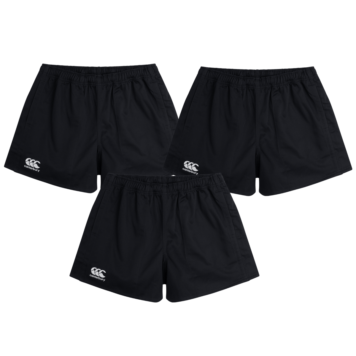 The Canterbury Professional Cotton Short 3-Pack Bundle by Bundle includes three black rugby shorts with elastic waistbands and white logos on the left legs, shown against a white background.