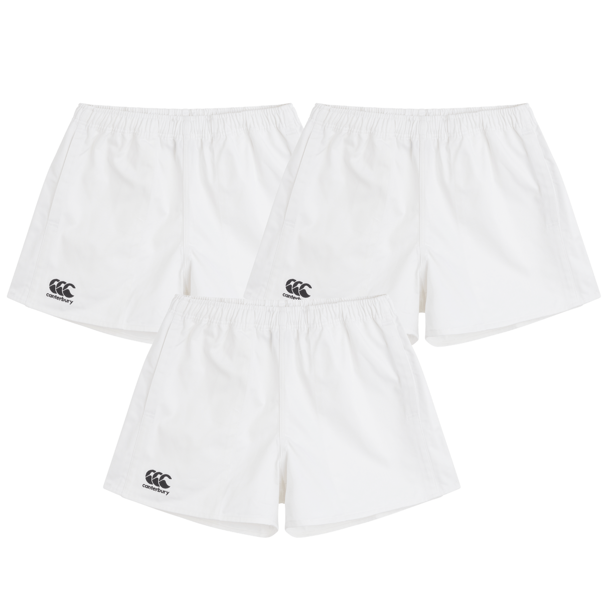 The Canterbury Professional Cotton Short 3-Pack Bundle includes three pairs of white rugby shorts with elastic waistbands and a black Canterbury logo on the left leg.