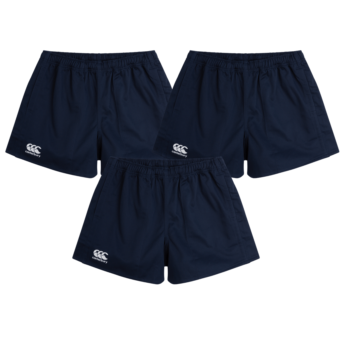 The Canterbury Professional Cotton Short 3-Pack Bundle by Bundle features three navy blue rugby shorts with elastic waistbands and a white Canterbury logo on the left leg, displayed on a white background.
