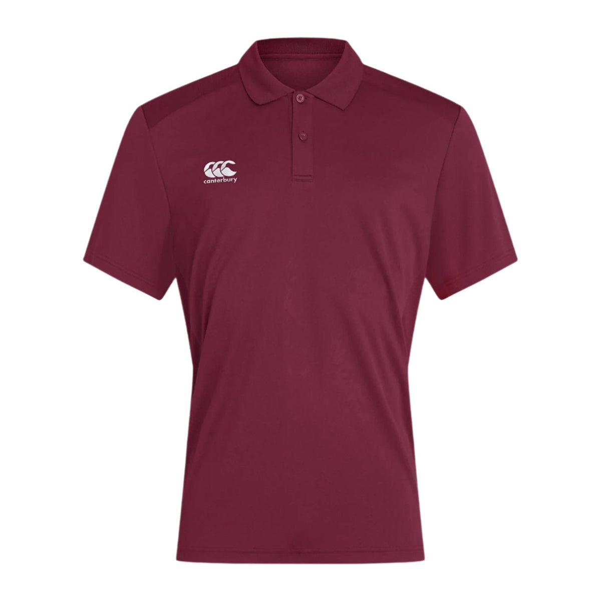 The Canterbury Club Dry Polo is maroon, short-sleeved with a collared design and three buttons. It has a white logo on the right chest and incorporates Vapodri Technology for improved breathability.