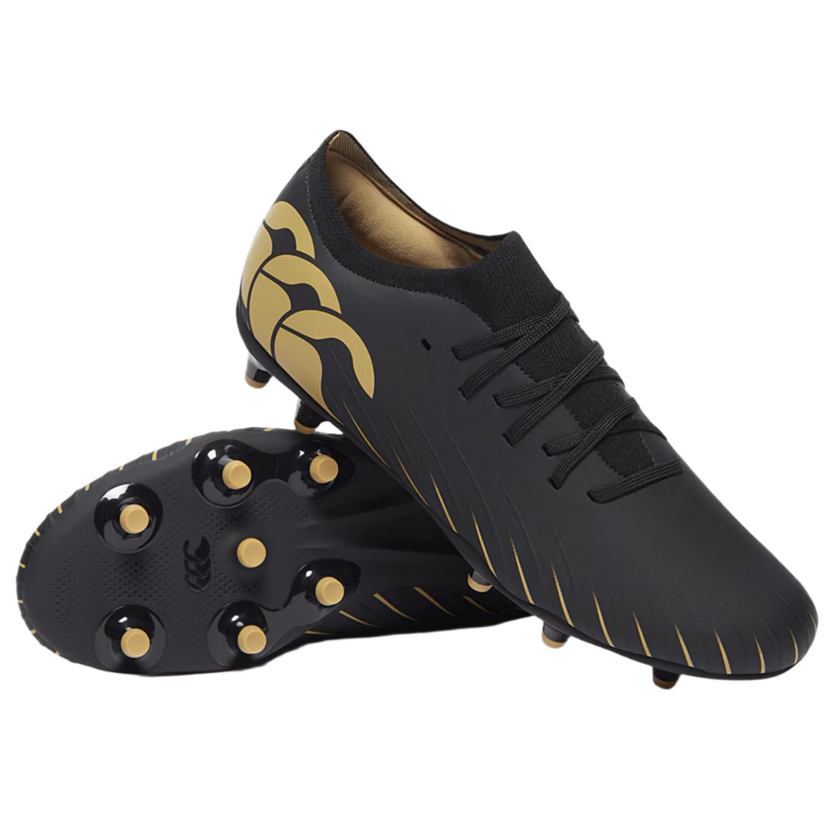 The Canterbury Speed Falcon Pro FG - Black boots by Canterbury feature a sleek design with gold accents and curved heel patterns—ideal for speed-focused players seeking standout style and high performance.
