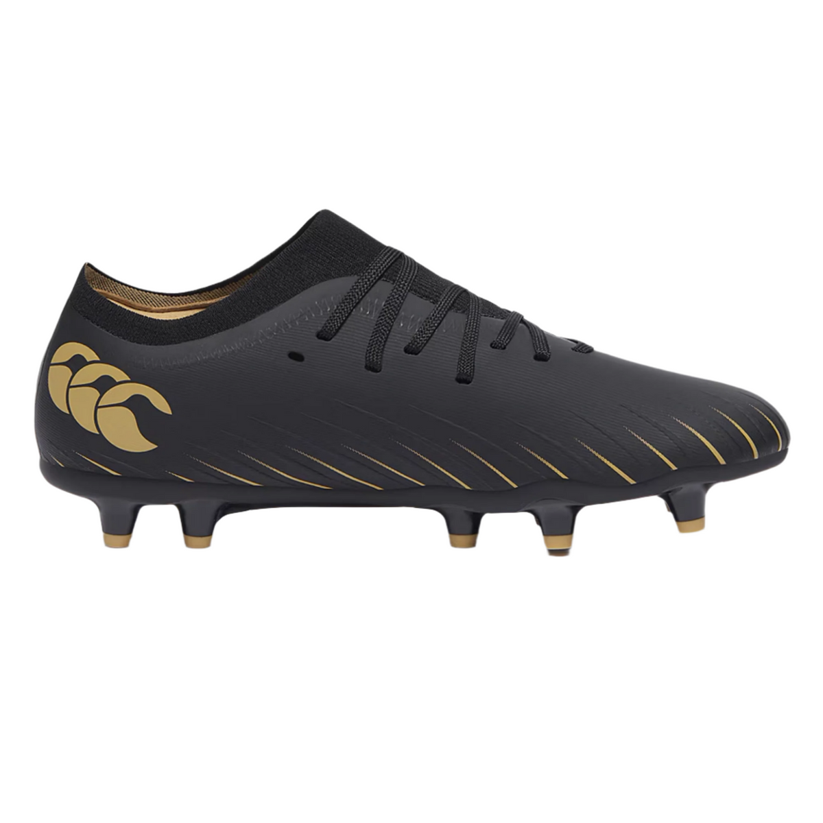 The Canterbury Speed Falcon Pro FG by Canterbury is a black rugby cleat with gold accents, laces, studs, and a gold heel logo, designed for speed-focused players and shown in profile on a white background.