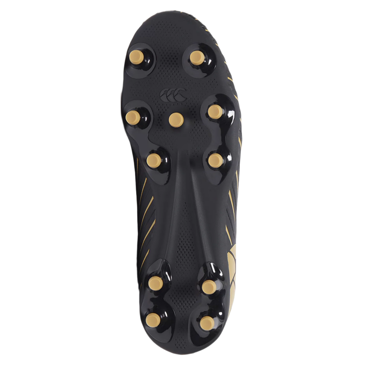 The Canterbury Speed Falcon Pro FG - Black rugby cleat by Canterbury features a black and gold design, eight metal studs, and textured grip patterns on the sole—perfect for players who prioritize speed.