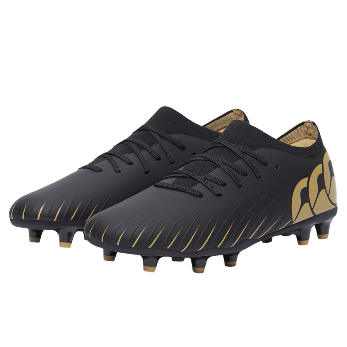 The Canterbury Speed Falcon Pro FG - Black by Canterbury are low-cut, lace-up firm-ground boots with molded studs, ideal for speed-focused players, shown on a plain background.
