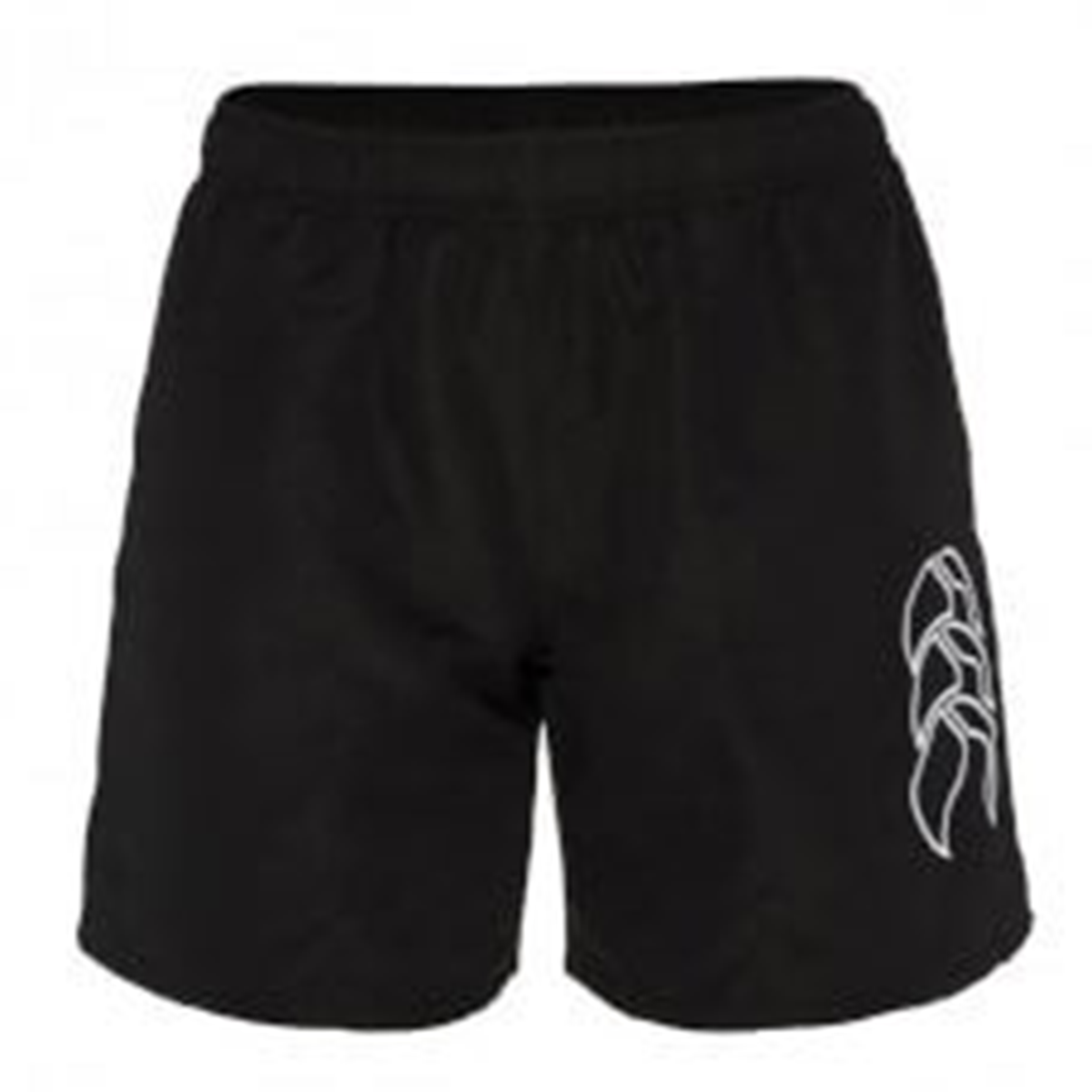 The Women's Canterbury Tactic Short by Canterbury features black athletic performance fabric, an elastic waistband, and a bold white graphic on the left leg.