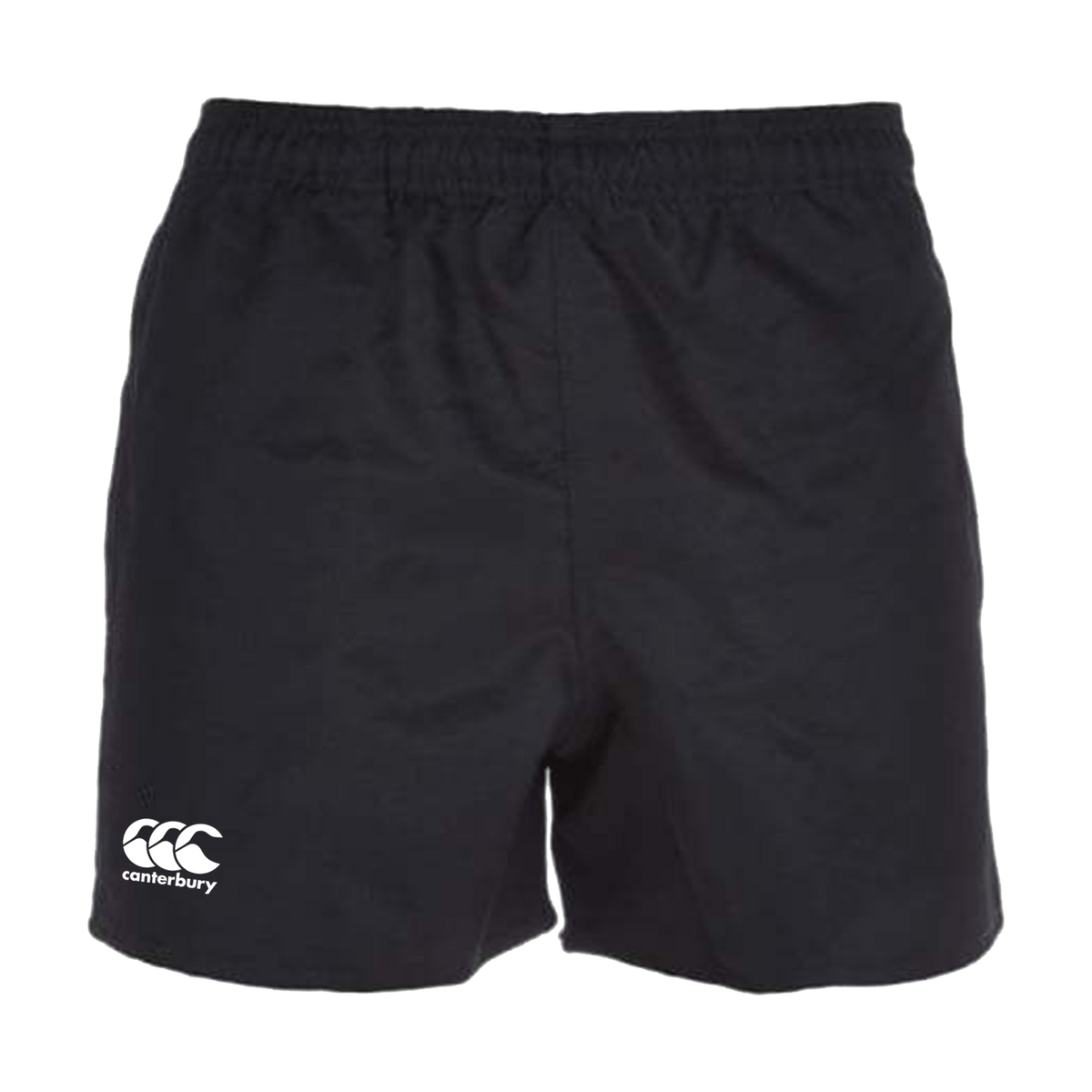 The Canterbury Professional Polyester Short 3-Pack Bundle includes black rugby shorts with an elastic waistband and the Canterbury logo on the left leg.