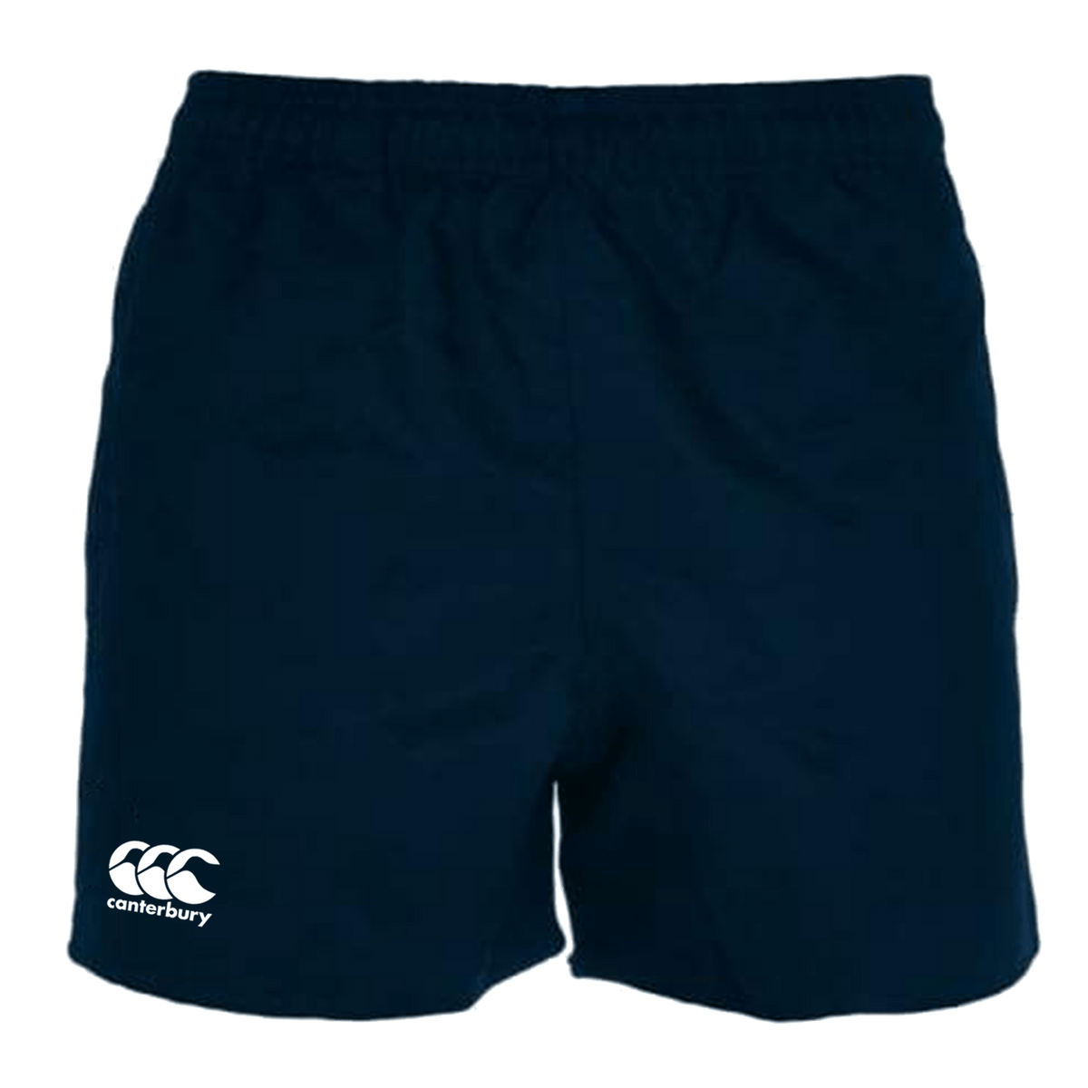 Navy blue professional polyester shorts with an elastic waistband, featuring the iconic white Bundle Canterbury logo on the left thigh. Product: Canterbury Professional Polyester Short 3-Pack Bundle.