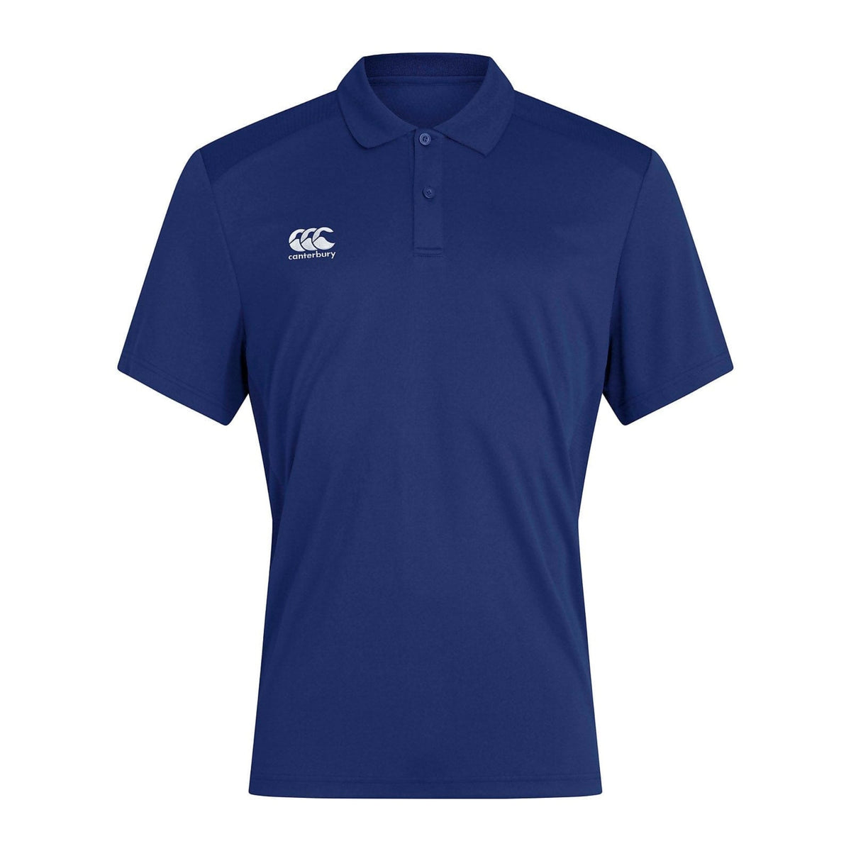 A Canterbury Club Dry Polo in blue with a white logo on the chest.
