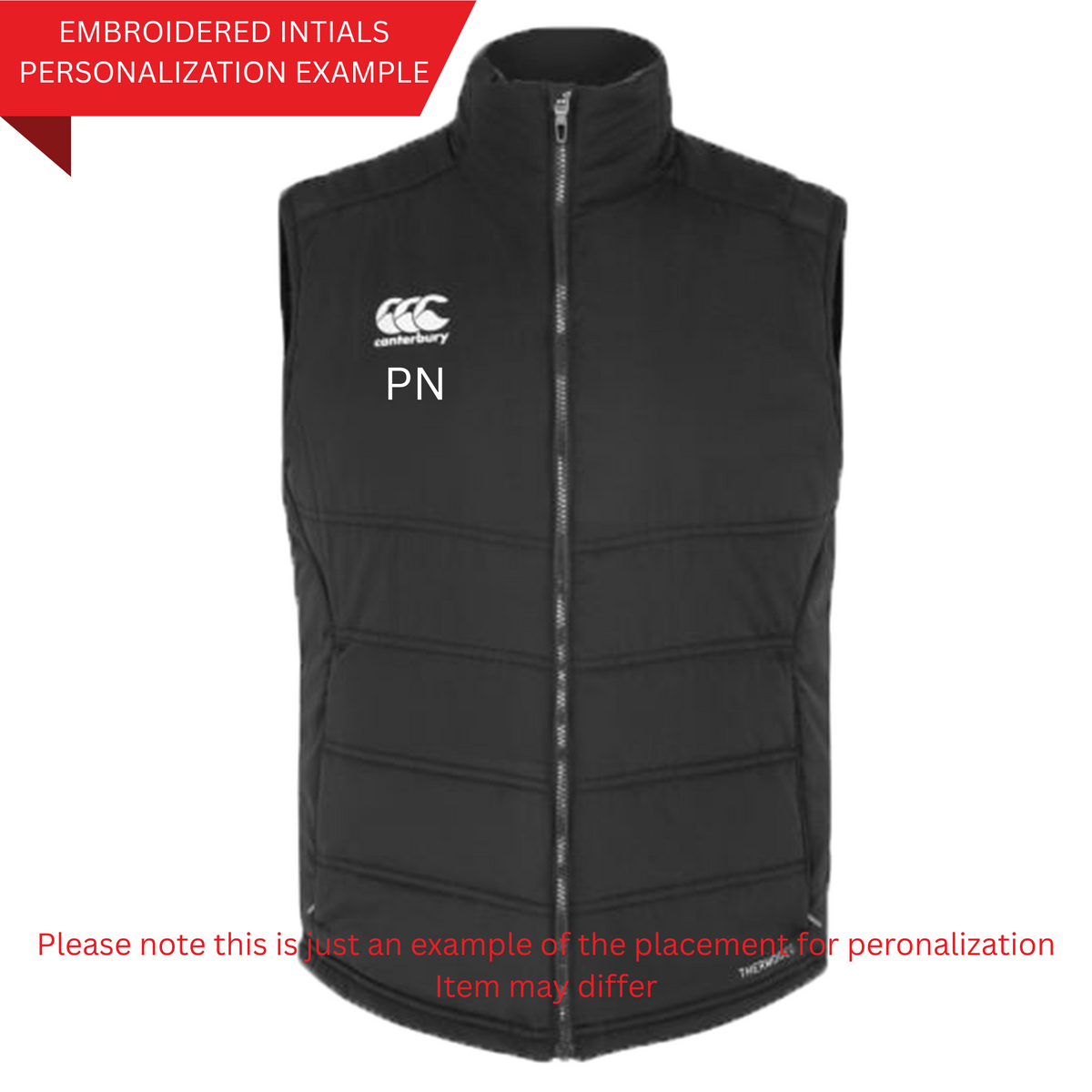 The Canterbury British &amp; Irish Lions 2025 Microlight Gilet is a black sleeveless jacket with a front zipper, white embroidered "PN" initials on the left chest, and made from thermoreg fabric for comfort. Personalization placement shown in text.