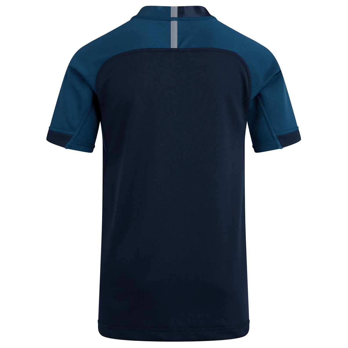 A navy blue short-sleeved Canterbury Vapodri Evader Jersey featuring a darker blue yoke and a light grey vertical stripe near the collar, shown from the back.