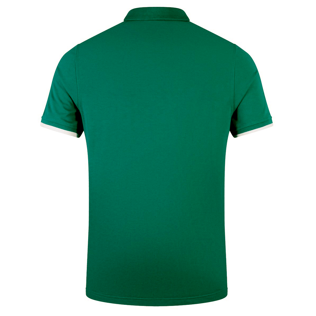 The Ireland 25/26 Team Polo by Canterbury is a plain green cotton polo, seen from the back, with a collar, white trim on the sleeve cuffs, and classic short sleeves—perfect for training or casual wear.