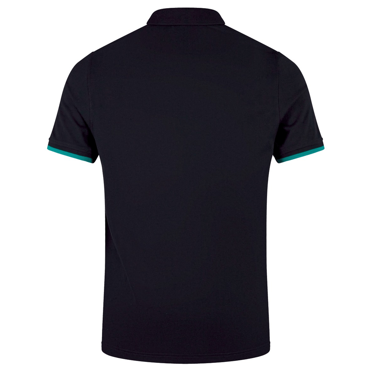 The Ireland 25/26 Team Polo by Canterbury is shown from the back, featuring black short sleeves, green trim on the sleeve cuffs, a classic collar, and subtle embroidered Canterbury logos.