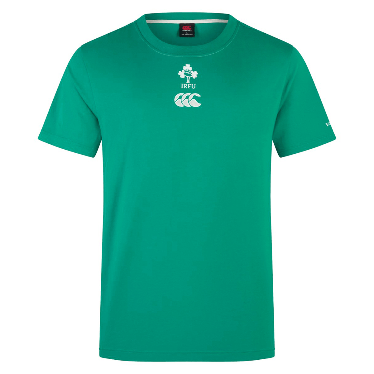 Ireland Team Cotton T-Shirt 24 by Canterbury, green short-sleeve design with &#39;IRFU&#39; and a white logo printed on the front. It also features an embroidered logo on the sleeve. The round neck design offers added comfort.