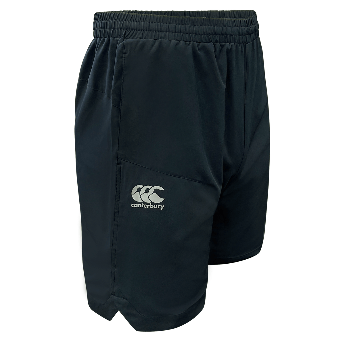 The Canterbury Vapodri Woven Gym Shorts are black with an elastic waistband, featuring a white &quot;Canterbury&quot; logo on the front left side. Made from lightweight fabric, these shorts ensure freedom of movement.