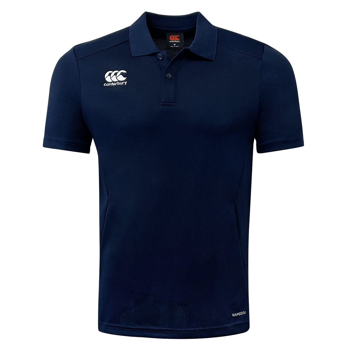 Navy two button collard shirt with short sleeves and CCC white logo on upper right chest.