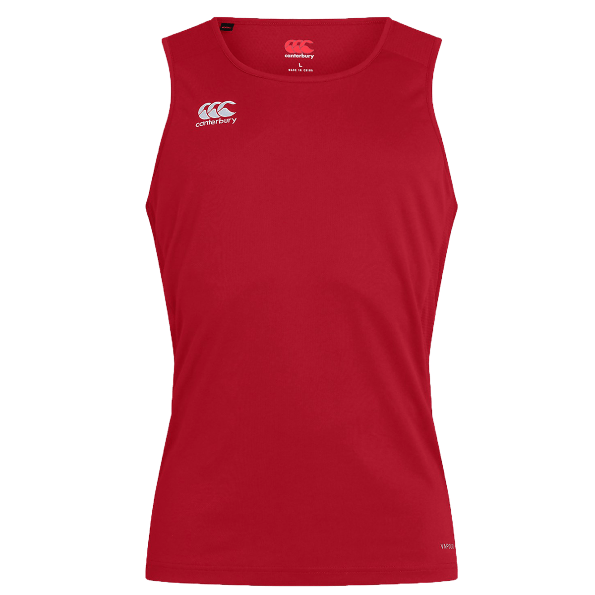 A red Canterbury Club Dry Singlet with a white logo on the chest.