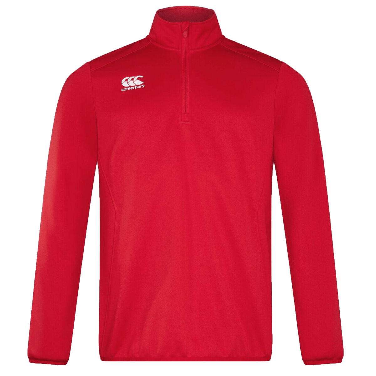 A red Canterbury Club 1/4 Zip Mid Layer Training Top with a white rugby ball on it.