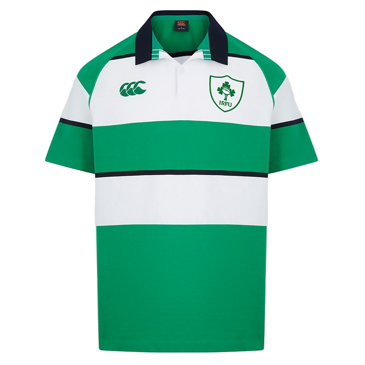 The Ireland 25/26 Heritage Hooped Jersey by Canterbury features green and white stripes, a black collar, IRFU crest on the left chest, and Canterbury logo on the right chest, shown against a plain background.