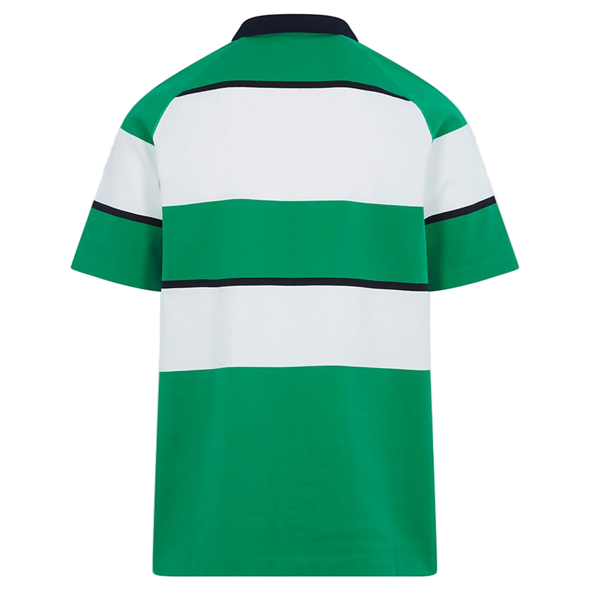 The Ireland 25/26 Heritage Hooped Jersey by Canterbury features wide green and white horizontal stripes with thin black lines, shown from the back.
