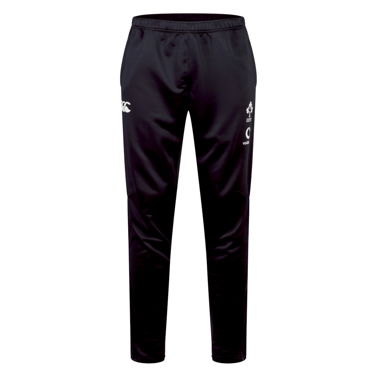 Introducing the Ireland 24 Poly Knit Pant by Canterbury—black athletic pants featuring an elastic waistband and logos on the upper thighs, perfect for any Irish rugby fan. These pants boast advanced VapoDri technology to keep you comfortable and dry during intense activities.