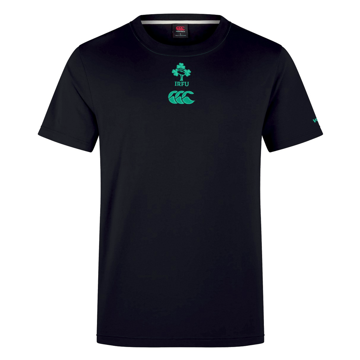 The Ireland Team Cotton T-Shirt 24 by Canterbury is a black, cotton round neck short-sleeved T-shirt featuring the IRFU logo, a Canterbury logo, and an Irish green embroidered shamrock emblem centered on the chest, embodying pride and spirit.