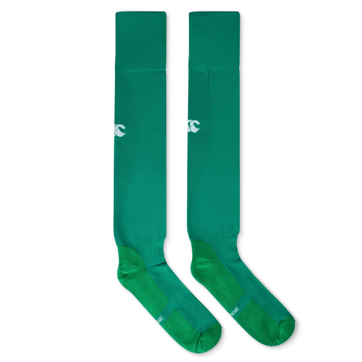 The Ireland Home Socks by Canterbury are long green rugby socks featuring white logo details near the calves, shown side by side on a plain white background.