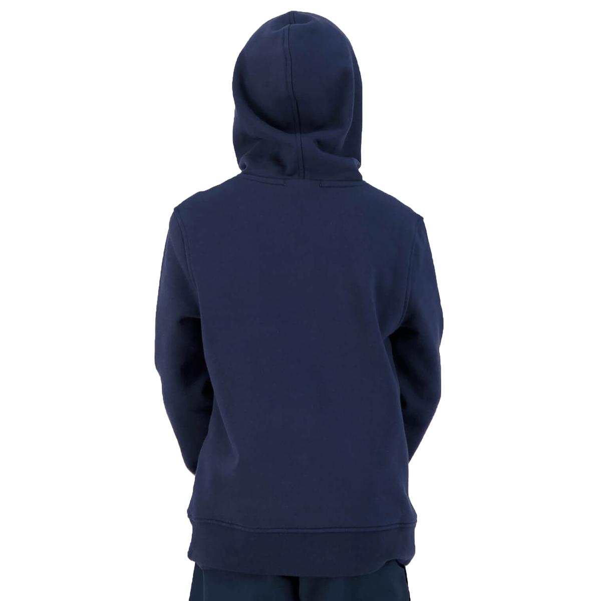 Person wearing a Canterbury Anchor Hoodie in navy blue with the hood up, seen from the back against a plain white background.