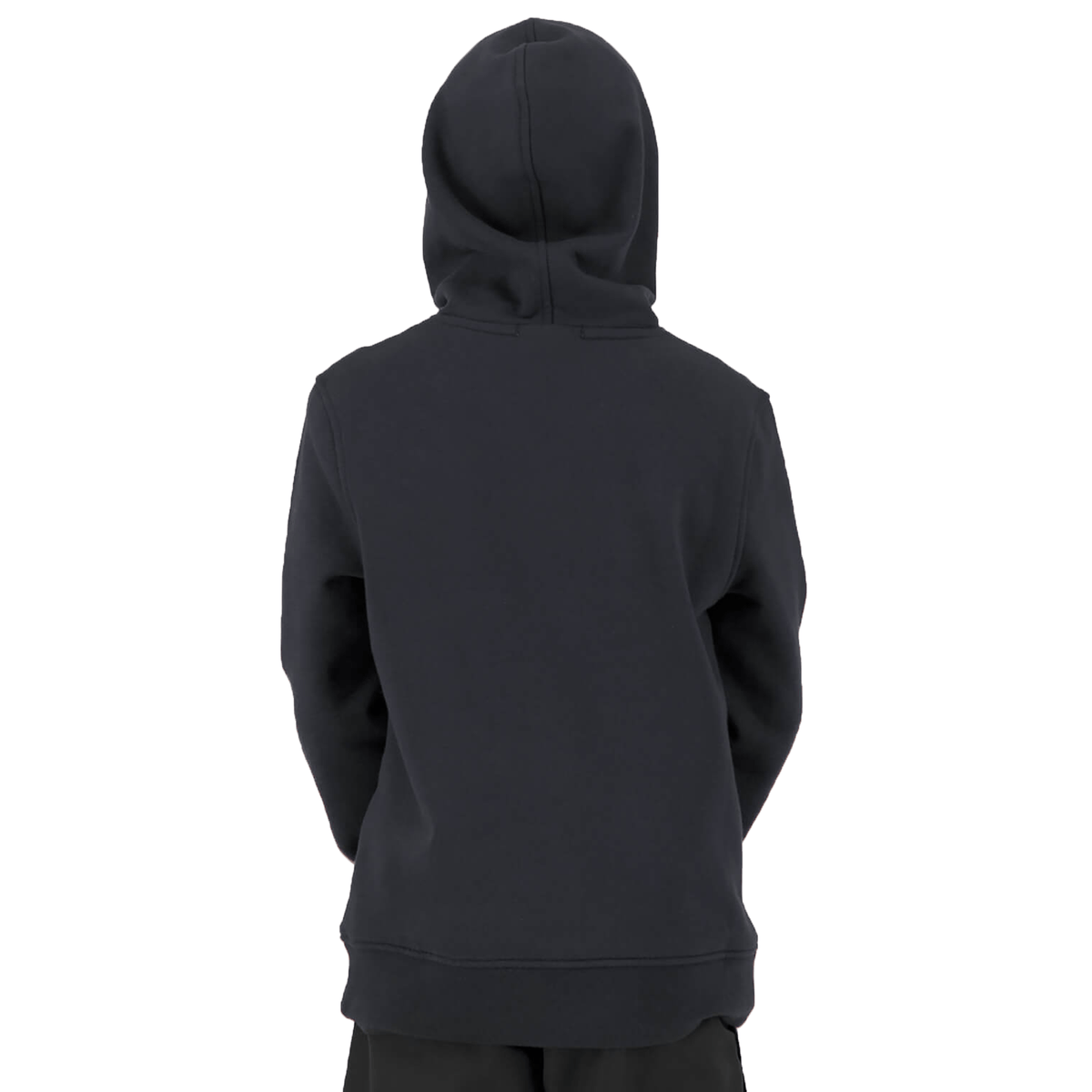 Person wearing a black Canterbury Anchor Hoodie with the hood up, facing away from the camera against a plain white background.