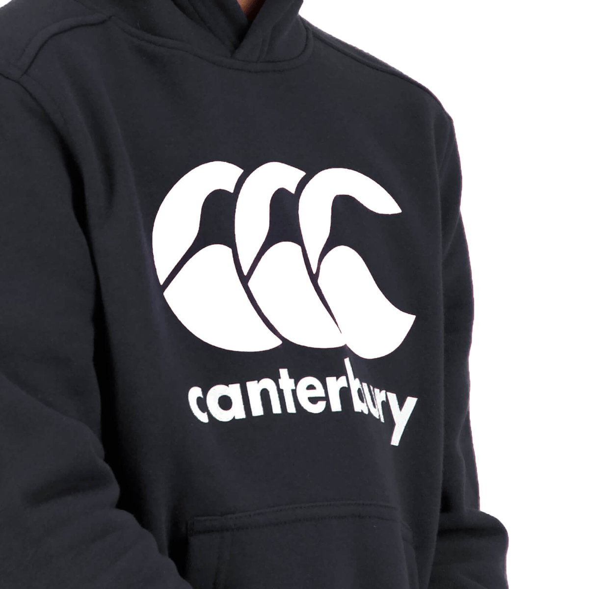Person wearing a Canterbury Anchor Hoodie in black, adorned with the brand's white logo showcasing three stylized overlapping "C"s, ideal for casual wear.