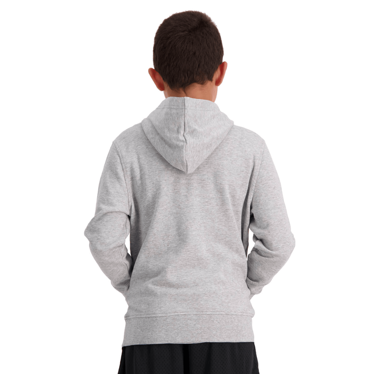 Child seen from behind wearing a gray Canterbury Anchor Hoodie and black shorts.