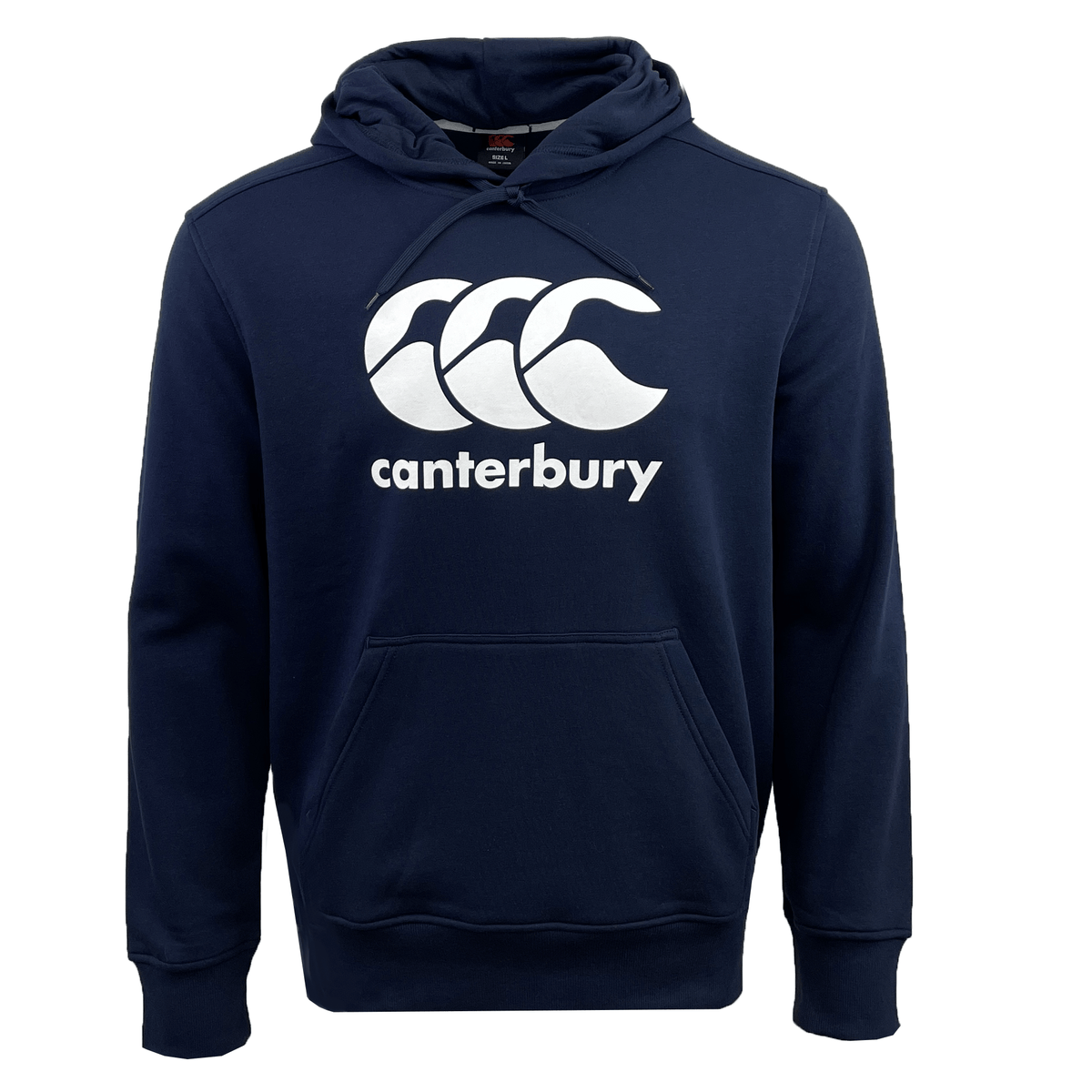 The Canterbury Anchor Hoodie, in navy blue, features a white "CCC Canterbury" logo on the front. This fleece-lined hoodie comes with a hood and a front pocket, offering both comfort and style.