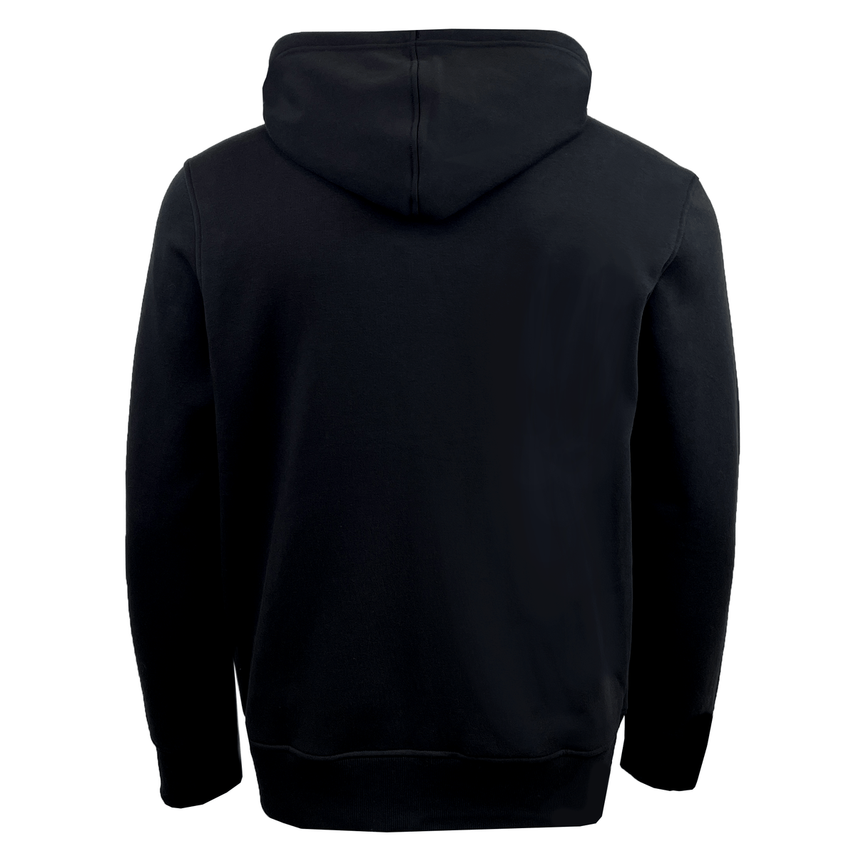 Back view of the Canterbury Anchor Hoodie, a plain black, fleece-lined hoodie featuring a drawstring hood and long sleeves.