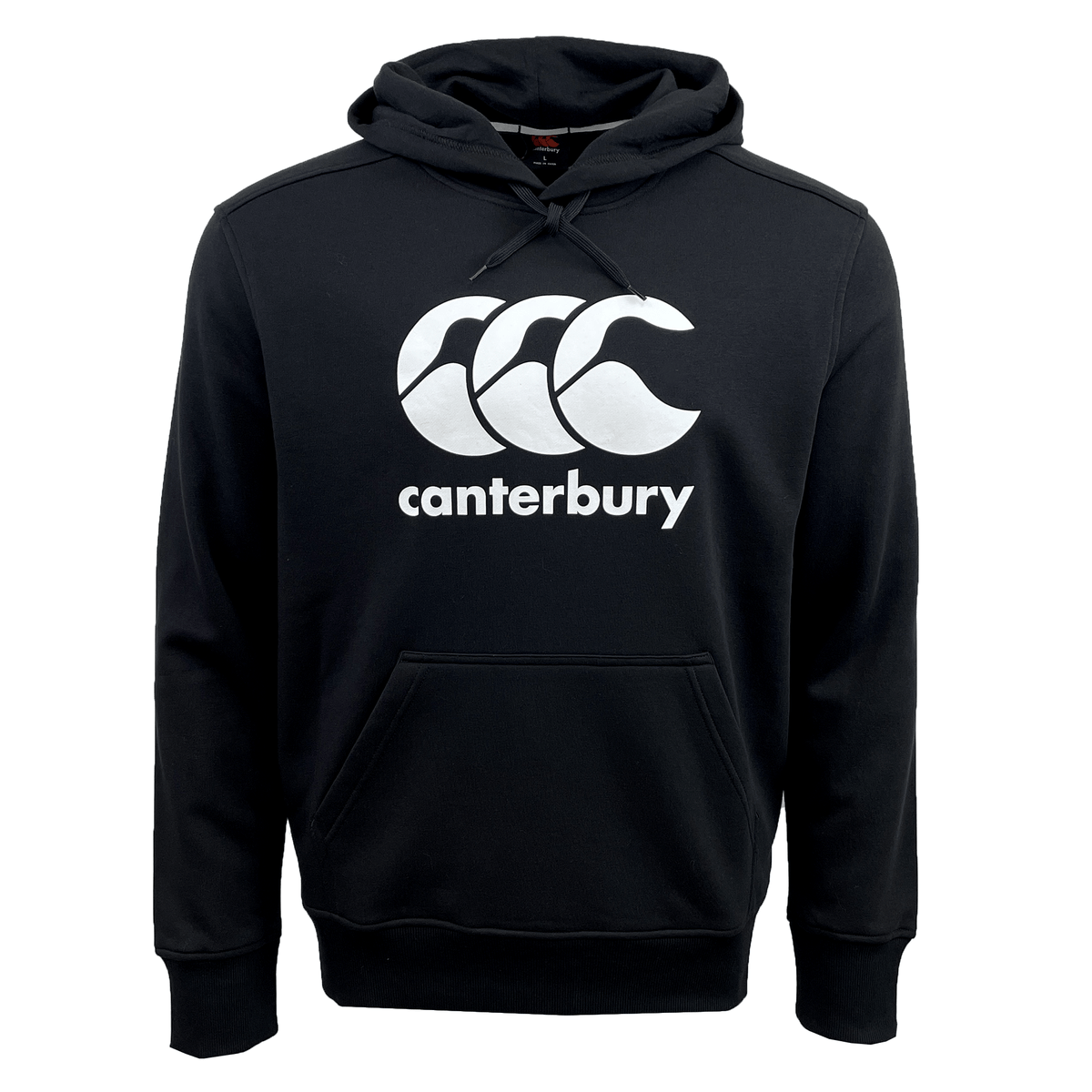 The Canterbury Anchor Hoodie, from the brand Canterbury, is a black hoodie featuring a white "Canterbury" logo and design on the front. This fleece-lined hoodie includes a hood, long sleeves, and a front pouch pocket.
