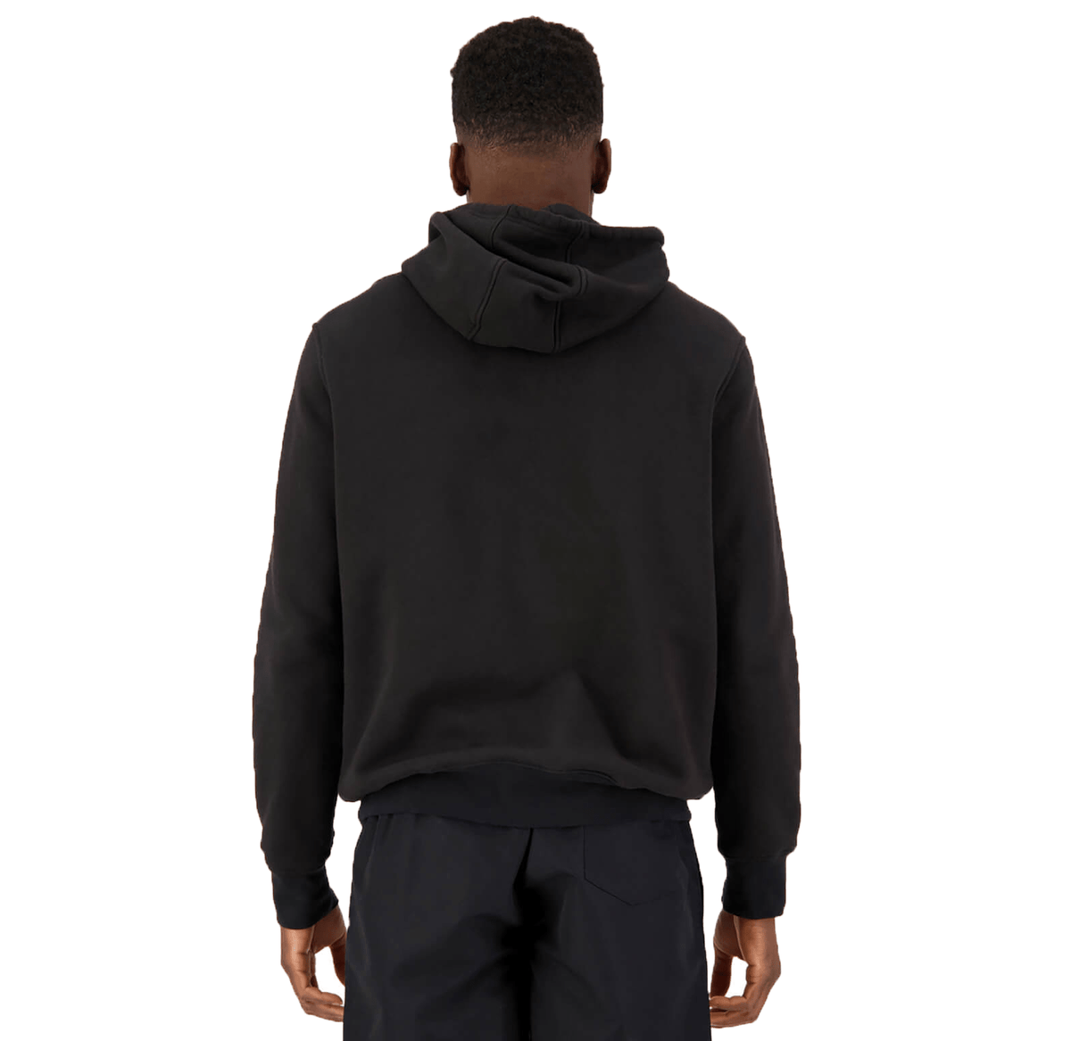 A person wearing a Canterbury Anchor Hoodie in black and dark pants is shown from the back against a white background.
